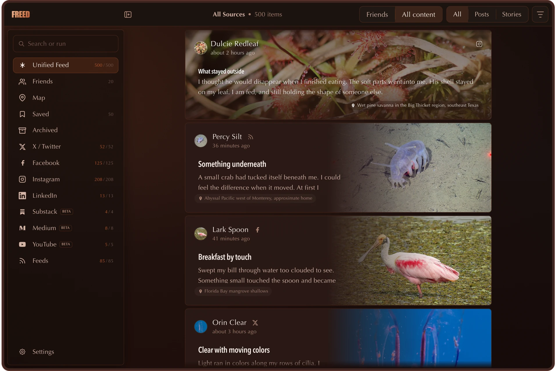 Freed showing Unified Feed, Map, Friends, friend details, mobile Stories, and the mobile reader